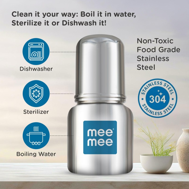 Mee Mee Baby Steel Feeding Bottle 120ml | Baby Milk Bottle with Advanced Anti Colic Valve, BPA Free, Soft Silicone Teat, Slim Neck for Babies/Infants/Newborns of 0-2 Years Mee Mee Baby Steel Feeding Bottle 120ml | Baby Milk Bottle with Advanced Anti Colic Valve, BPA Free, Soft Silicone Teat, Slim Neck for Babies/Infants/Newborns of 0-2 Years