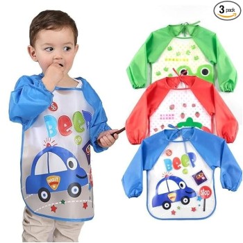 BabyGo Washable 3 Pcs Long Sleeve Bibs, Waterproof Baby Bibs, Toddler Sleeved Bib, Baby Smock for Eating Feeding, 6-24 Months (Multicolor)