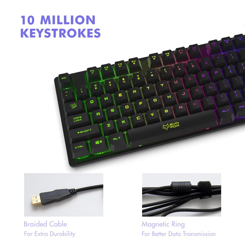 EvoFox Fireblade Wired Gaming Keyboard with Multiple Lightning Effects I Compact TKL Design I LED Backlit I 19 Anti Ghosting Keys I Windows Lock Key I Breathing Effect I Spill Resistant I 1.5M Braided Cable with Magnetic Ring (Black) EvoFox Fireblade Wired Gaming Keyboard with Multiple Lightning Effects I Compact TKL Design I LED Backlit I 19 Anti Ghosting Keys I Windows Lock Key I Breathing Effect I Spill Resistant I 1.5M Braided Cable with Magnetic Ring (Black)