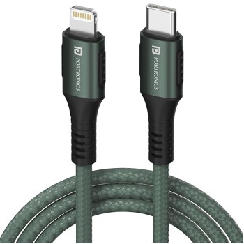 Portronics Konnect CL 20W POR-1067 Type-C to 8 Pin USB 1.2M Cable With Power Delivery & 3A Quick Charge Support, Nylon Braided For All Type-C and 8 Pin Devices, Green