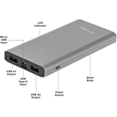 Gionee 10000mAh Li-Polymer Slim Design Power Bank with Power Indicators and 2 Output Ports (Fast Charging, 12W) PB10K2 (Metallic Blue)