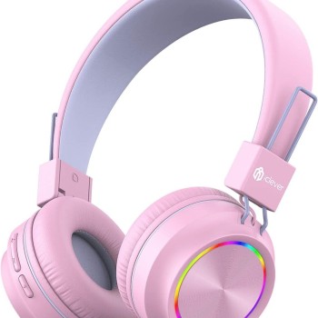 iClever Bluetooth on Ear Headphones for Girls, Kids Girls Headphones with Mic, Headset for Kids School/Tablet/Laptop Stereo Sound Colorful LED Lights Bluetooth 5.0, Foldable