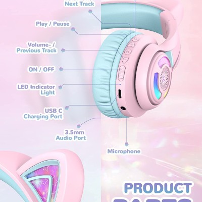 iClever BTH13 Bluetooth Kids Headphones with Mic, Over Ear Headphone Wireless Cat Ear Headphones for Girls Birthday Gift Safe Volume Limited, 45H Playtime Portable Headset for Tablet/PC, Pink iClever BTH13 Bluetooth Kids Headphones with Mic, Over Ear Headphone Wireless Cat Ear Headphones for Girls Birthday Gift Safe Volume Limited, 45H Playtime Portable Headset for Tablet/PC, Pink