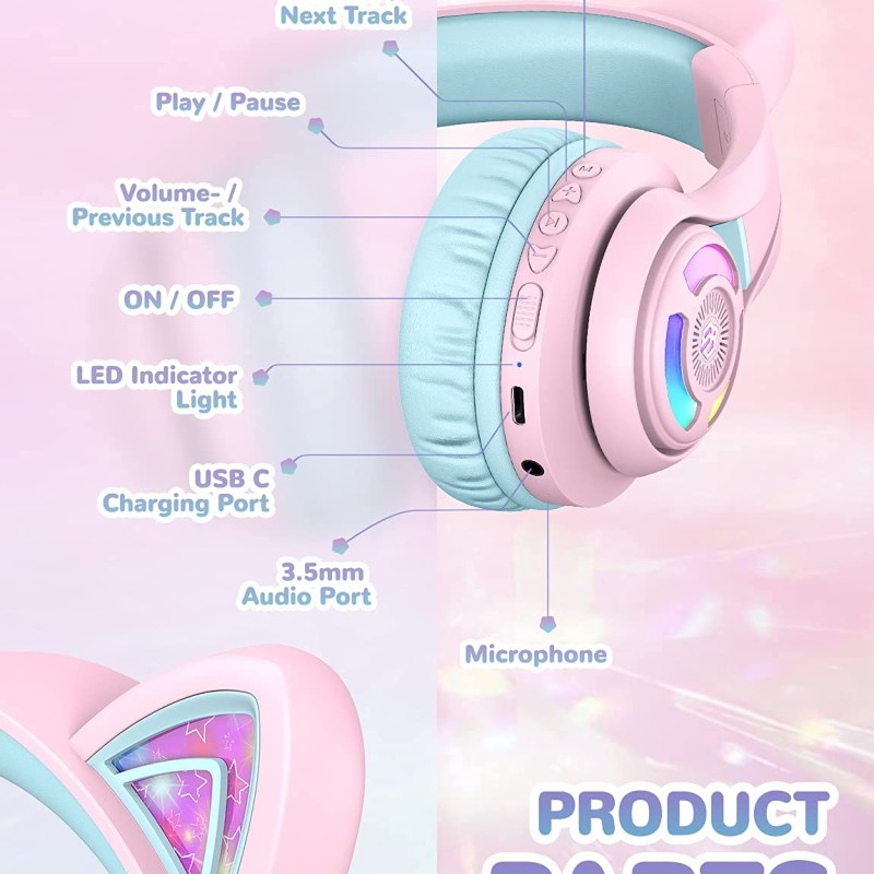 iClever BTH13 Bluetooth Kids Headphones with Mic, Over Ear Headphone Wireless Cat Ear Headphones for Girls Birthday Gift Safe Volume Limited, 45H Playtime Portable Headset for Tablet/PC, Pink iClever BTH13 Bluetooth Kids Headphones with Mic, Over Ear Headphone Wireless Cat Ear Headphones for Girls Birthday Gift Safe Volume Limited, 45H Playtime Portable Headset for Tablet/PC, Pink