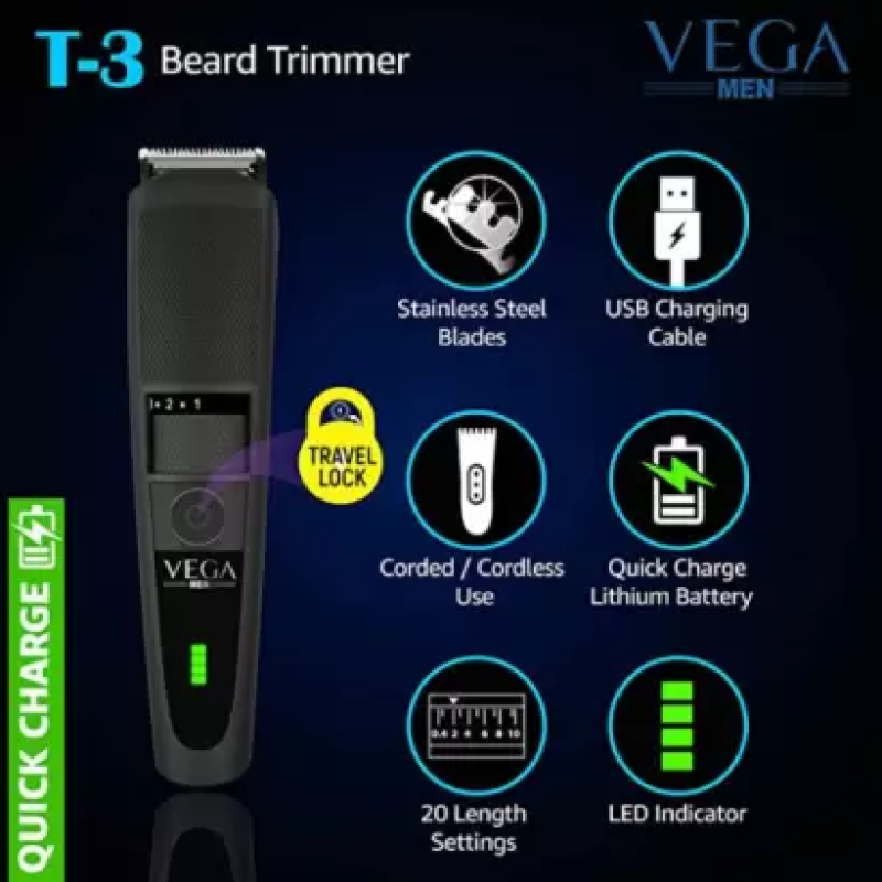 VEGA VHTH-19 ( T-3 BEARD TRIMMER ) Trimmer 90 min Runtime 20 Length Settings (Black) VEGA VHTH-19 ( T-3 BEARD TRIMMER ) Trimmer 90 min Runtime 20 Length Settings (Black)