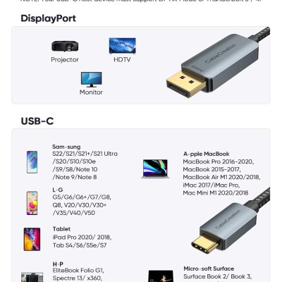 CableCreation 6FT USB C to Display Port Cable 4K@60Hz, 2K@165Hz, 2K@144Hz, to DP Cable Thunderbolt 3 Compatible with MacBook Pro/Air, iMac, iPad Pro 2020, Galaxy S22 Ultra/S20/S10, Aluminum, Grey CableCreation 6FT USB C to Display Port Cable 4K@60Hz, 2K@165Hz, 2K@144Hz, to DP Cable Thunderbolt 3 Compatible with MacBook Pro/Air, iMac, iPad Pro 2020, Galaxy S22 Ultra/S20/S10, Aluminum, Grey