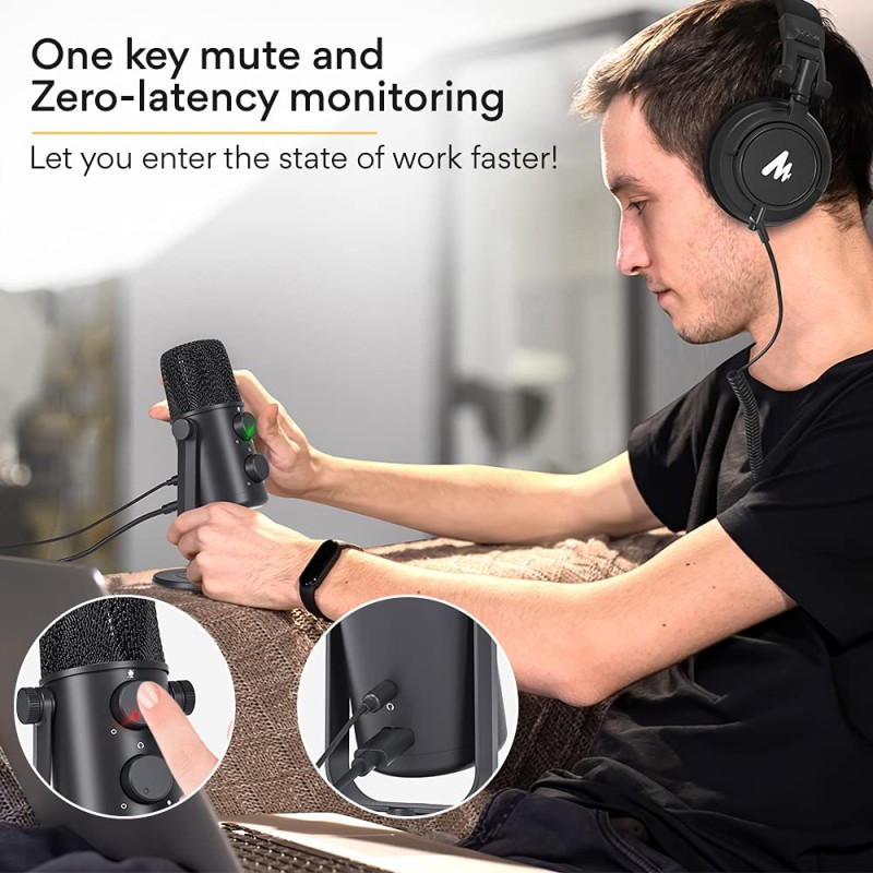 MAONO AU-902 USB Condenser Podcast Microphone, with Dual Volume Control, Mute Button, Monitor Headphone Jack, Plug and Play Mic for Vlogging, Gaming, Studio Recording, YouTube MAONO AU-902 USB Condenser Podcast Microphone, with Dual Volume Control, Mute Button, Monitor Headphone Jack, Plug and Play Mic for Vlogging, Gaming, Studio Recording, YouTube