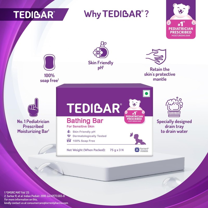 Tedibar Moisturising Baby Bathing Bar 75gx3 (Pack of 1) 100% Soap Free No. 1* Pediatrician Prescribed Moisturising Bar - By Torrent Pharma Tedibar Moisturising Baby Bathing Bar 75gx3 (Pack of 1) 100% Soap Free No. 1* Pediatrician Prescribed Moisturising Bar - By Torrent Pharma