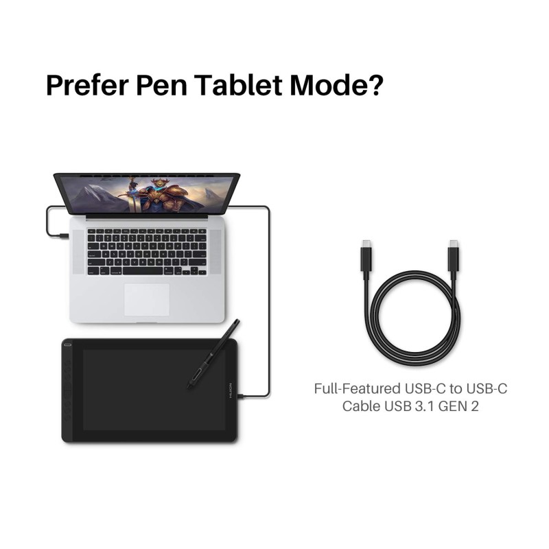 HUION Full-Featured Type-C USB-C to USB-C Cable USB 3.1 GEN 2 DP1.2 for Drawing Tablet Pen Display Kamvas 12/13/16(2021)/22/24/22 Plus/24 Plus/Pro 13 (2.5K)/Pro 16 (2.5K)/Pro 16/Plus (4K)/Pro 24(4K) HUION Full-Featured Type-C USB-C to USB-C Cable USB 3.1 GEN 2 DP1.2 for Drawing Tablet Pen Display Kamvas 12/13/16(2021)/22/24/22 Plus/24 Plus/Pro 13 (2.5K)/Pro 16 (2.5K)/Pro 16/Plus (4K)/Pro 24(4K)