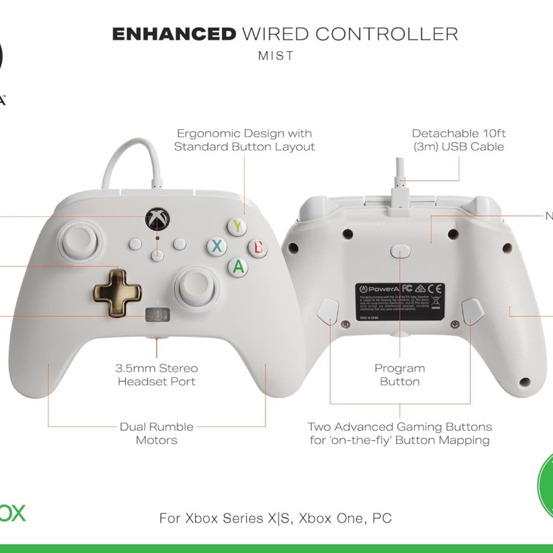 PowerA Enhanced Wired Gaming Controller for Xbox Series X/S and Xbox One, White, Mist (Officially Licensed) PowerA Enhanced Wired Gaming Controller for Xbox Series X/S and Xbox One, White, Mist (Officially Licensed)
