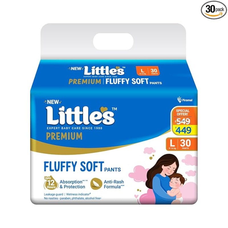 Little's Premium Baby Diapers L Size (Large) Pants Style | 9-14 kg | 30 Count - Pack of 1 | CottonSoft Baby Diaper with Leakage Guard, Wetness Indicator & 12 Hours Absorption Little's Premium Baby Diapers L Size (Large) Pants Style | 9-14 kg | 30 Count - Pack of 1 | CottonSoft Baby Diaper with Leakage Guard, Wetness Indicator & 12 Hours Absorption