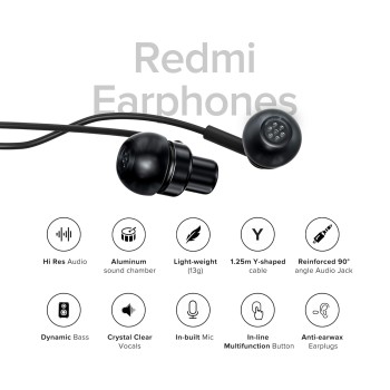 REDMI Wired High Definition in-Ear Earphones with in-Built HD Mic, Hi-Res Audio Certified, 10 mm Driver, Metal Sound Chamber for Dynamic Bass (Black) REDMI Wired High Definition in-Ear Earphones with in-Built HD Mic, Hi-Res Audio Certified, 10 mm Driver, Metal Sound Chamber for Dynamic Bass (Black)