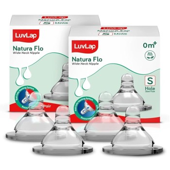 LuvLap Anti-Colic Natura Flo Teat/Nipple for Wide Neck Bottle,4pcs Slow Flow, 0m+, Made of Soft & Flexible Silicone, Ergonomic shape, Mimics breastfeeding, leak proof, BPA Free, comes with sturdy base