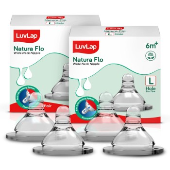 LuvLap Anti-Colic Natura Flo Teat/Nipple for Wide Neck Bottle,4pcs Fast Flow, 6m+, Made of Soft & Flexible Silicone, Ergonomic shape, Mimics breastfeeding, leak proof, BPA Free, comes with sturdy base