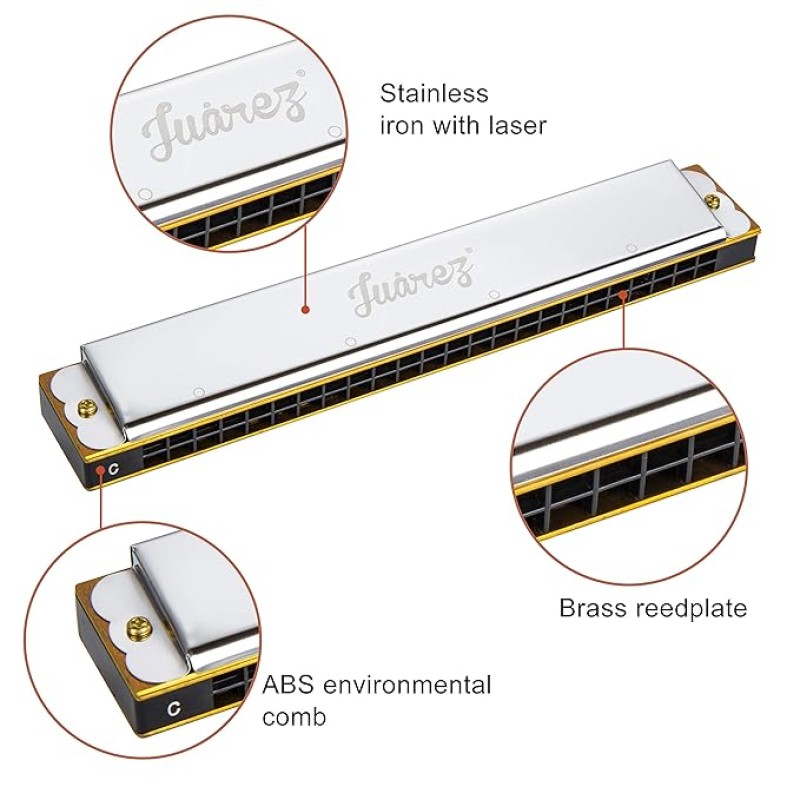 JUAREZ Viénto JRH24SL 24 Holes 48 Tones Professional Tremolo Polyphonic Harmonica Key of C Scale | Mouth Organ | Cover - Stainless Iron | Comb - Abs | Reed – Brass with Cloth & Case JUAREZ Viénto JRH24SL 24 Holes 48 Tones Professional Tremolo Polyphonic Harmonica Key of C Scale | Mouth Organ | Cover - Stainless Iron | Comb - Abs | Reed – Brass with Cloth & Case