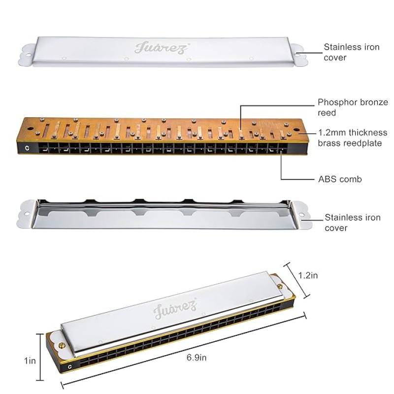 JUAREZ Viénto JRH24SL 24 Holes 48 Tones Professional Tremolo Polyphonic Harmonica Key of C Scale | Mouth Organ | Cover - Stainless Iron | Comb - Abs | Reed – Brass with Cloth & Case JUAREZ Viénto JRH24SL 24 Holes 48 Tones Professional Tremolo Polyphonic Harmonica Key of C Scale | Mouth Organ | Cover - Stainless Iron | Comb - Abs | Reed – Brass with Cloth & Case