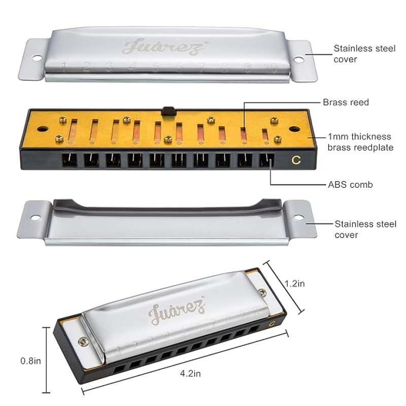 JUAREZ Azüre 10 Hole 20 Tone Diatonic Harmonica Key of C Scale | Mouth Organ | Cover - Stainless Steel | Comb - ABS | Reed - Phosphor Bronze with Cloth & Case JUAREZ Azüre 10 Hole 20 Tone Diatonic Harmonica Key of C Scale | Mouth Organ | Cover - Stainless Steel | Comb - ABS | Reed - Phosphor Bronze with Cloth & Case