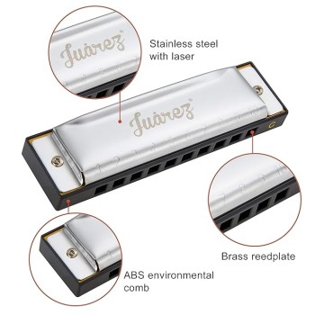 JUAREZ Azüre 10 Hole 20 Tone Diatonic Harmonica Key of C Scale | Mouth Organ | Cover - Stainless Steel | Comb - ABS | Reed - Phosphor Bronze with Cloth & Case