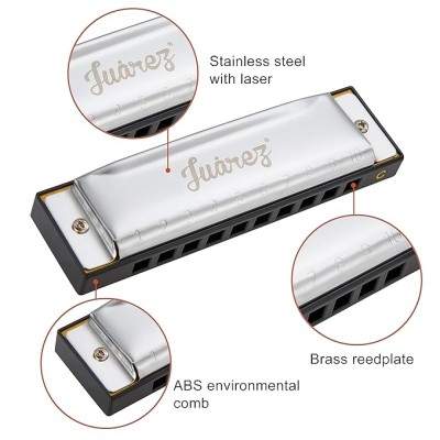 JUAREZ Azüre 10 Hole 20 Tone Diatonic Harmonica Key of C Scale | Mouth Organ | Cover - Stainless Steel | Comb - ABS | Reed - Phosphor Bronze with Cloth & Case JUAREZ Azüre 10 Hole 20 Tone Diatonic Harmonica Key of C Scale | Mouth Organ | Cover - Stainless Steel | Comb - ABS | Reed - Phosphor Bronze with Cloth & Case