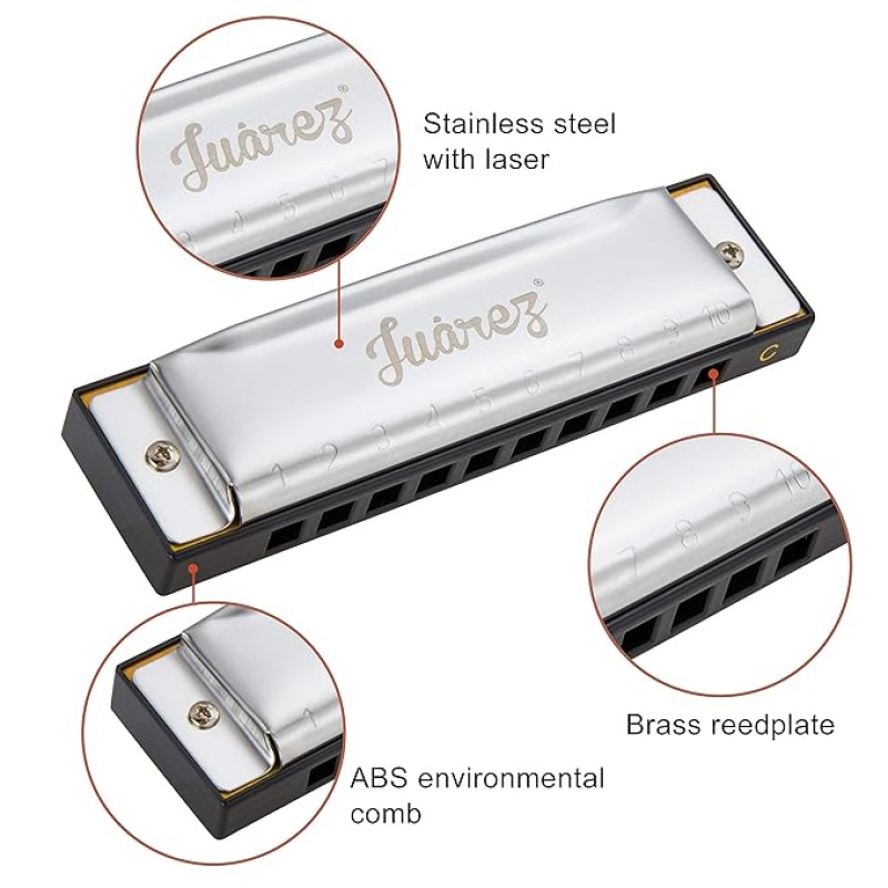 JUAREZ Azüre 10 Hole 20 Tone Diatonic Harmonica Key of C Scale | Mouth Organ | Cover - Stainless Steel | Comb - ABS | Reed - Phosphor Bronze with Cloth & Case JUAREZ Azüre 10 Hole 20 Tone Diatonic Harmonica Key of C Scale | Mouth Organ | Cover - Stainless Steel | Comb - ABS | Reed - Phosphor Bronze with Cloth & Case