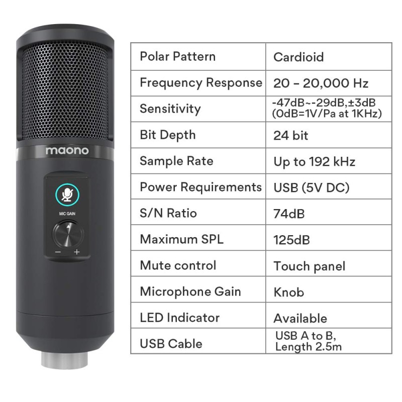 MAONO AU-PM421 Large Diaphragm Condenser USB Unidirectional Microphone, Professional Studio Recording Mic with 1-Touch Mute and Mic Gain Knob for Pc, Singing, Podcast, Gaming, YouTube (Black) MAONO AU-PM421 Large Diaphragm Condenser USB Unidirectional Microphone, Professional Studio Recording Mic with 1-Touch Mute and Mic Gain Knob for Pc, Singing, Podcast, Gaming, YouTube (Black)
