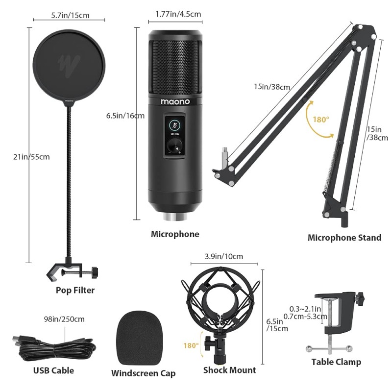 MAONO AU-PM421 Large Diaphragm Condenser USB Unidirectional Microphone, Professional Studio Recording Mic with 1-Touch Mute and Mic Gain Knob for Pc, Singing, Podcast, Gaming, YouTube (Black) MAONO AU-PM421 Large Diaphragm Condenser USB Unidirectional Microphone, Professional Studio Recording Mic with 1-Touch Mute and Mic Gain Knob for Pc, Singing, Podcast, Gaming, YouTube (Black)