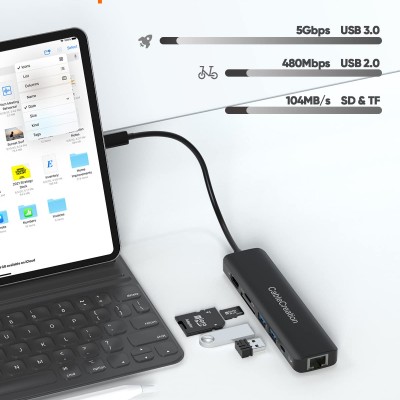 CableCreation USB-C 7-in-1 Multiport Adapter Type C Dongle to HDMI 4K@60Hz, 2 USB 3.0 Ports, Gigabit Ethernet, SD/TF Cards Reader Converter for Galaxy S22 Ultra, MacBook Pro/Air 2020, iPad Pro, XPS