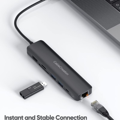 CableCreation USB-C 7-in-1 Multiport Adapter Type C Dongle to HDMI 4K@60Hz, 2 USB 3.0 Ports, Gigabit Ethernet, SD/TF Cards Reader Converter for Galaxy S22 Ultra, MacBook Pro/Air 2020, iPad Pro, XPS