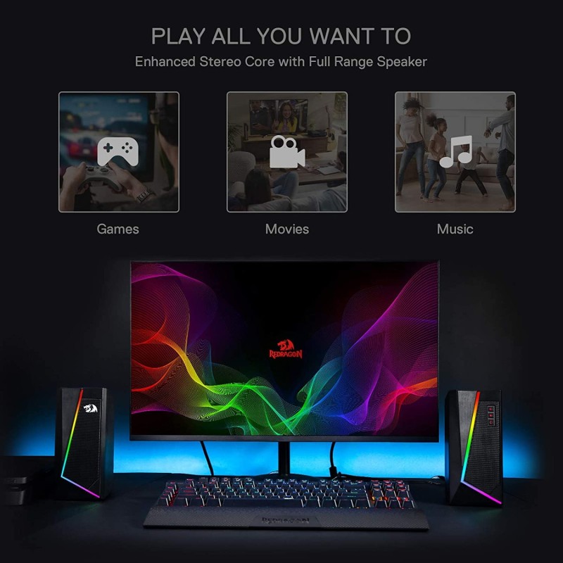 Redragon GS520 Anvil RGB Desktop Speakers, 2.0 Channel PC Computer Stereo Speaker with 6 Colorful LED Modes, Enhanced Sound and Easy-Access Volume Control, USB Powered w/ 3.5mm Cable Redragon GS520 Anvil RGB Desktop Speakers, 2.0 Channel PC Computer Stereo Speaker with 6 Colorful LED Modes, Enhanced Sound and Easy-Access Volume Control, USB Powered w/ 3.5mm Cable