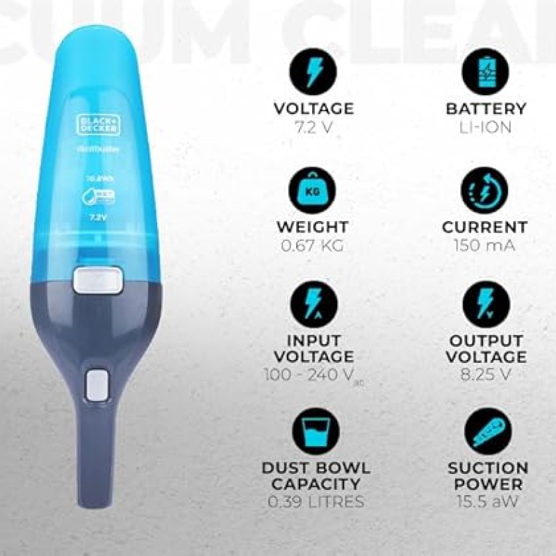 BLACK+DECKER WDC215WA-QW 7.2 V,10.8W Lithium-Ion Wet and Dry Cordless Dustbuster Handheld Vacuum Cleaner (Blue)-Charge Fully Before Using BLACK+DECKER WDC215WA-QW 7.2 V,10.8W Lithium-Ion Wet and Dry Cordless Dustbuster Handheld Vacuum Cleaner (Blue)-Charge Fully Before Using
