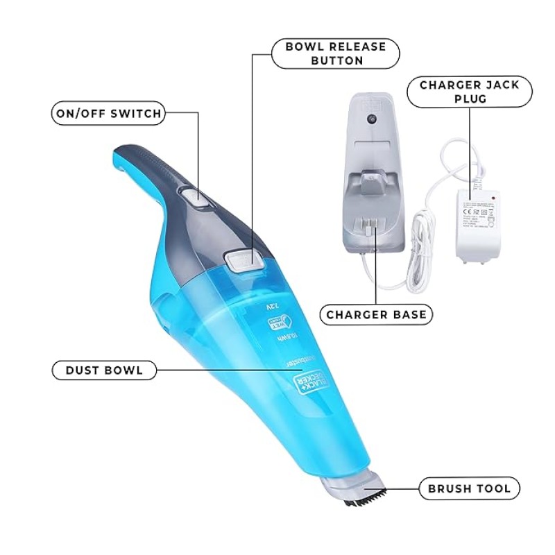 BLACK+DECKER WDC215WA-QW 7.2 V,10.8W Lithium-Ion Wet and Dry Cordless Dustbuster Handheld Vacuum Cleaner (Blue)-Charge Fully Before Using BLACK+DECKER WDC215WA-QW 7.2 V,10.8W Lithium-Ion Wet and Dry Cordless Dustbuster Handheld Vacuum Cleaner (Blue)-Charge Fully Before Using