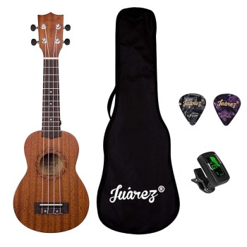 JUAREZ EtÃ©reo 21" Soprano Ukulele, Sapele Top & Body, Aquila Italian Strings, Black Diecast Machine, Rosewood Fretboard & Bridge with Gig Bag, 2 Picks, Digital Tuner, Natural