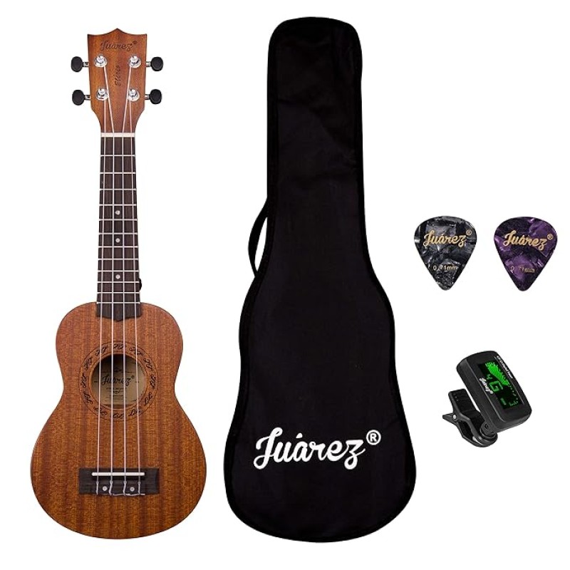 JUAREZ Etéreo 21" Soprano Ukulele, Sapele Top & Body, Aquila Italian Strings, Black Diecast Machine, Rosewood Fretboard & Bridge with Gig Bag, 2 Picks, Digital Tuner, Natural JUAREZ Etéreo 21" Soprano Ukulele, Sapele Top & Body, Aquila Italian Strings, Black Diecast Machine, Rosewood Fretboard & Bridge with Gig Bag, 2 Picks, Digital Tuner, Natural