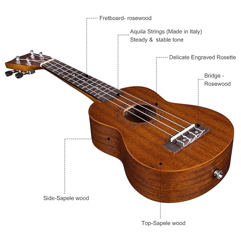 JUAREZ Etéreo 21" Soprano Ukulele, Sapele Top & Body, Aquila Italian Strings, Black Diecast Machine, Rosewood Fretboard & Bridge with Gig Bag, 2 Picks, Digital Tuner, Natural JUAREZ Etéreo 21" Soprano Ukulele, Sapele Top & Body, Aquila Italian Strings, Black Diecast Machine, Rosewood Fretboard & Bridge with Gig Bag, 2 Picks, Digital Tuner, Natural