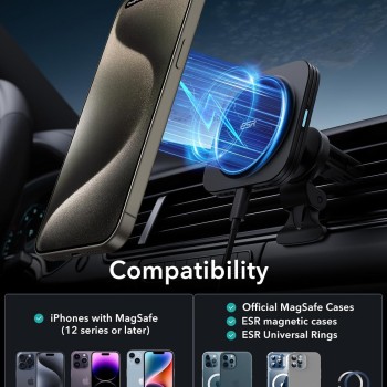 ESR HaloLock 15W Magsafe Car Charger, Wireless Magnetic Car Charger, Magnetic Car Phone Holder Compatible with iPhone 15/15 Plus/15 Pro/15 Pro Max and 14/13/12 Series, Black