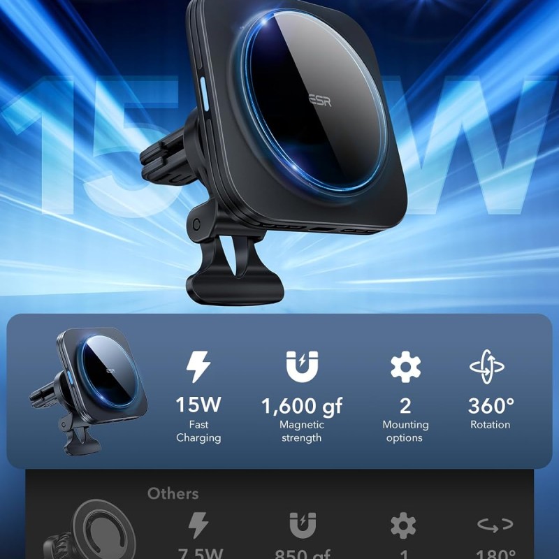 ESR HaloLock 15W Magsafe Car Charger, Wireless Magnetic Car Charger, Magnetic Car Phone Holder Compatible with iPhone 15/15 Plus/15 Pro/15 Pro Max and 14/13/12 Series, Black ESR HaloLock 15W Magsafe Car Charger, Wireless Magnetic Car Charger, Magnetic Car Phone Holder Compatible with iPhone 15/15 Plus/15 Pro/15 Pro Max and 14/13/12 Series, Black