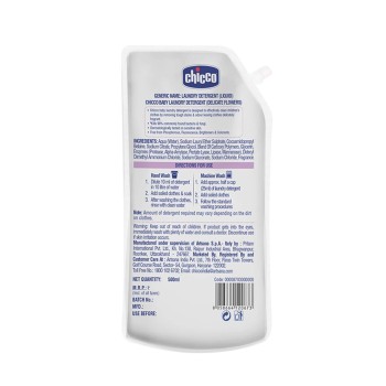 Chicco Baby Liquid Laundry Detergent, 5X Stain & Germ Fighter, Kills 99% of Germs, Dermatologically Tested, Effective & Gentle Cleaning, Delicate Flowers, Refill Pack (500 ML) Chicco Baby Liquid Laundry Detergent, 5X Stain & Germ Fighter, Kills 99% of Germs, Dermatologically Tested, Effective & Gentle Cleaning, Delicate Flowers, Refill Pack (500 ML)