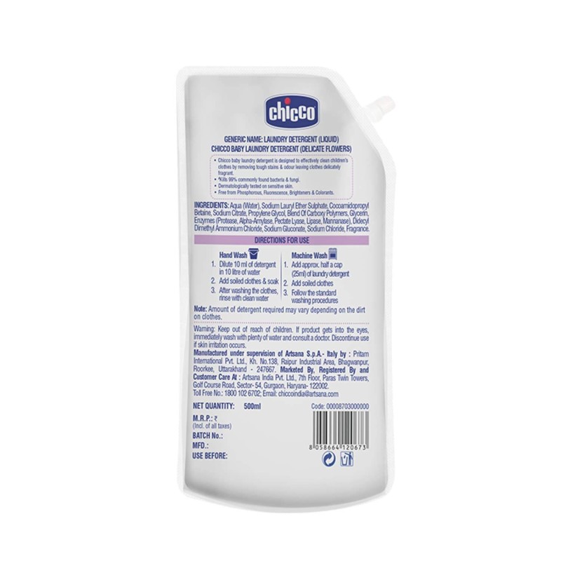 Chicco Baby Liquid Laundry Detergent, 5X Stain & Germ Fighter, Kills 99% of Germs, Dermatologically Tested, Effective & Gentle Cleaning, Delicate Flowers, Refill Pack (500 ML) Chicco Baby Liquid Laundry Detergent, 5X Stain & Germ Fighter, Kills 99% of Germs, Dermatologically Tested, Effective & Gentle Cleaning, Delicate Flowers, Refill Pack (500 ML)