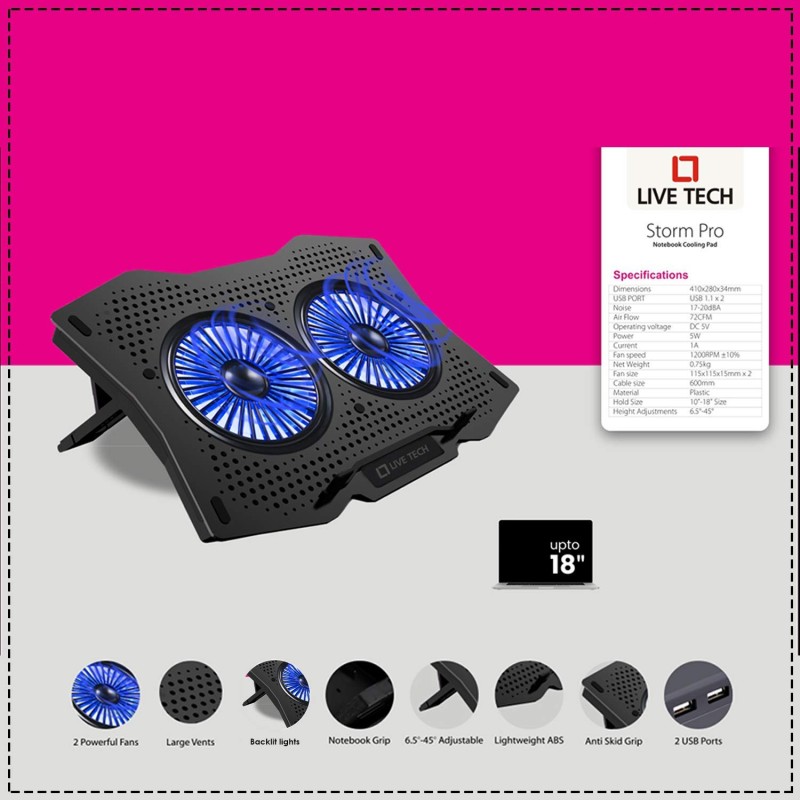 Live Tech Storm Pro LED Laptop Cooling Pad for 15.6" to 17.3" Notebooks, Metal Body, Mutiple Stand,Adjustable,2 Big Fast Turbo Speed Fans (Storm Pro) Live Tech Storm Pro LED Laptop Cooling Pad for 15.6" to 17.3" Notebooks, Metal Body, Mutiple Stand,Adjustable,2 Big Fast Turbo Speed Fans (Storm Pro)