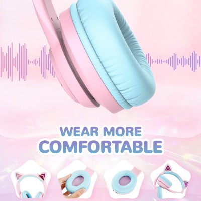 iClever BTH13 Bluetooth Headphones with Mic, Over The Ear Headphone Wireless Cat Ear Unicorn Headphone for Girls Birthday Gift Safe Volume Limited, 45H Playtime, Portable Headset for iPad, Purple