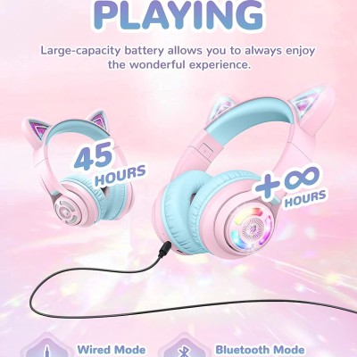 iClever BTH13 Bluetooth Headphones with Mic, Over The Ear Headphone Wireless Cat Ear Unicorn Headphone for Girls Birthday Gift Safe Volume Limited, 45H Playtime, Portable Headset for iPad, Purple