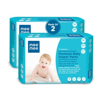 Mee Mee Breathable Premium Medium (M) Size Baby Diaper Pants with Wetness Indicator and Leak-Proof Edges, protection upto 12-hrs, M Size, 56 Pieces, 6-12 kg
