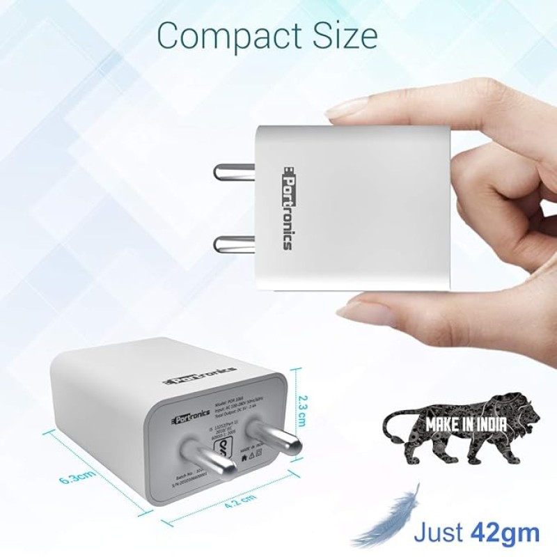 Portronics Adapto 66 2.4A 12w Dual USB Port 5V/2.4A Wall Charger,Comes with 1M Micro USB Cable, USB Wall Charger Adapter for iPhone 11/Xs/XS Max/XR/X/8/7/6/Plus(White) Portronics Adapto 66 2.4A 12w Dual USB Port 5V/2.4A Wall Charger,Comes with 1M Micro USB Cable, USB Wall Charger Adapter for iPhone 11/Xs/XS Max/XR/X/8/7/6/Plus(White)