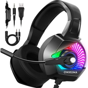 ONIKUMA K6RGB Stereo Gaming Headset for PS4, PC, Xbox One Controller, Noise Cancelling Over Ear Headphones with Mic, LED Light, Bass Surround, Soft Me