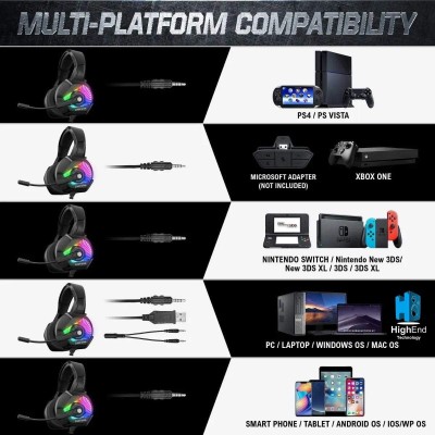 ONIKUMA K6RGB Stereo Gaming Headset for PS4, PC, Xbox One Controller, Noise Cancelling Over Ear Headphones with Mic, LED Light, Bass Surround, Soft Me ONIKUMA K6RGB Stereo Gaming Headset for PS4, PC, Xbox One Controller, Noise Cancelling Over Ear Headphones with Mic, LED Light, Bass Surround, Soft Me