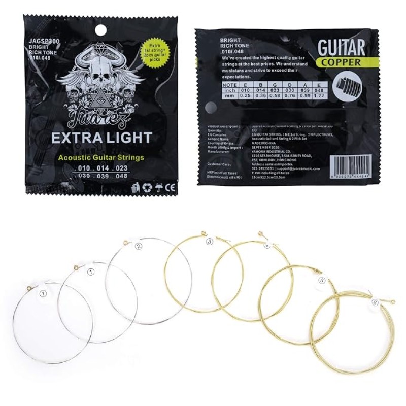 Juarez Extra Light Copper Wound Acoustic Guitar Strings Set � 0.010�0.048 Gauge, 7 Strings (Extra 1st String), Bright Copper Tone, Includes 2 Picks � For All Acoustic Guitars JAGSP300 Juarez Extra Light Copper Wound Acoustic Guitar Strings Set � 0.010�0.048 Gauge, 7 Strings (Extra 1st String), Bright Copper Tone, Includes 2 Picks � For All Acoustic Guitars JAGSP300