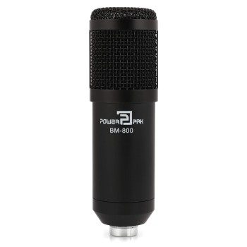 Powerpak BM-800 Black Condenser Microphone with Mini Pole Stand Pop Filter Shock Mount Foam Cap USB Cable | No Driver Just Plug and Play