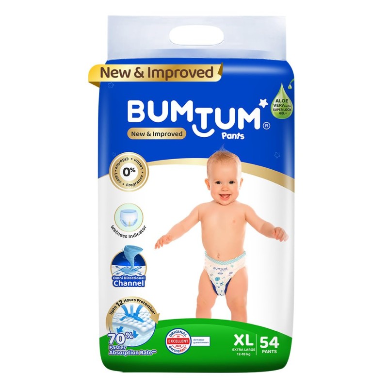 Bumtum Baby Diaper Pants, XL Size, 54 Count, Double Layer Leakage Protection Infused With Aloe Vera, Cottony Soft High Absorb Technology (Pack of 1) Bumtum Baby Diaper Pants, XL Size, 54 Count, Double Layer Leakage Protection Infused With Aloe Vera, Cottony Soft High Absorb Technology (Pack of 1)