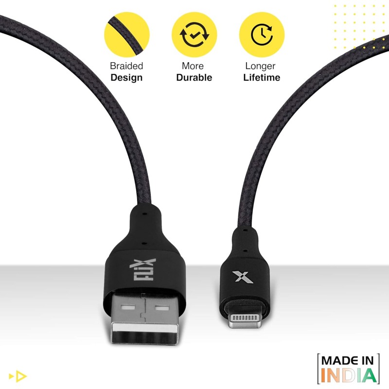 FLiX (Beetel) USB to Lightning Nylon Braided Data Sync & 2A Fast Charging Cable, Made in India, 480Mbps Data Sync, Super strong & Durable Nylon Cable, 1 Meter Long USB Cable (Black)(XCD-L103) FLiX (Beetel) USB to Lightning Nylon Braided Data Sync & 2A Fast Charging Cable, Made in India, 480Mbps Data Sync, Super strong & Durable Nylon Cable, 1 Meter Long USB Cable (Black)(XCD-L103)