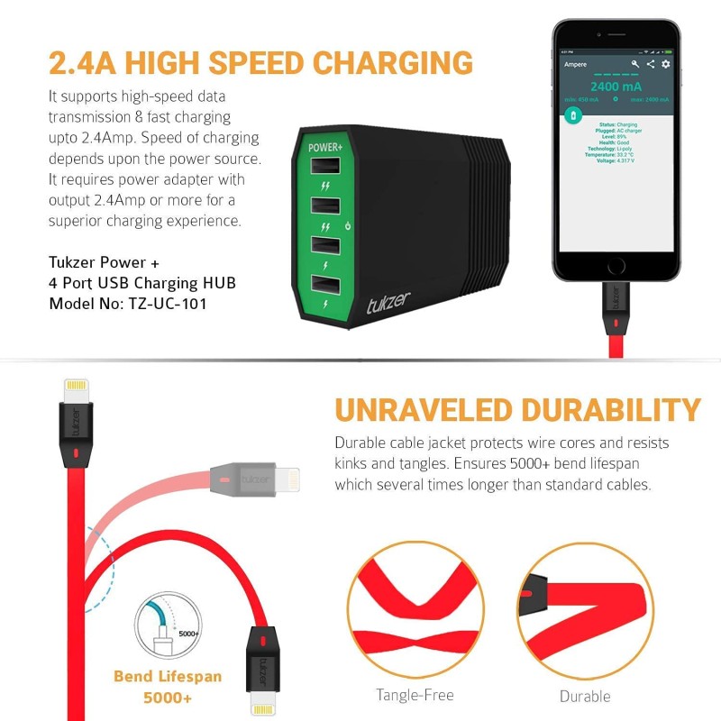 Tukzer Apple Mfi Certified 8 Pin 2.4Ampere Fast Charge Lightning Cable (Red, 3.2 Feet) Tukzer Apple Mfi Certified 8 Pin 2.4Ampere Fast Charge Lightning Cable (Red, 3.2 Feet)